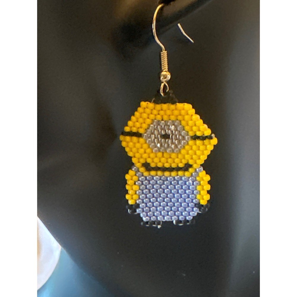 Handmade Beaded Character Earrings Yellow Blue Animated Movie Fan Jewelry